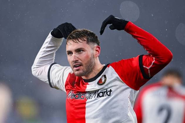 22.01.2025, Fussball UEFA Champions League 2024 2025, 7.Spieltag, Feyenoord Rotterdam - FC Bayern München, im De Kuip, Santiago Gimenez (Feyenoord Rotterdam) freut sich über das Tor zum 1:0.
