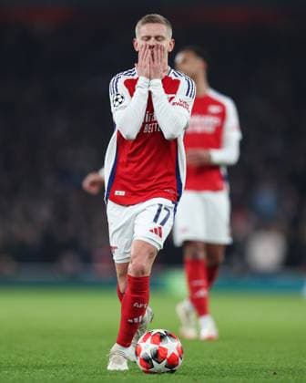 Arsenal v Dinamo Zagreb 22 January 2025, London - Champions League Football - Arsenal v GNK Dinamo Zagreb - Oleksandr Zinchenko of Arsenal reacts - Photo: Charlotte Wilson Offside. London UK Copyright: xCharlottexWilsonx xOffsidexOffside