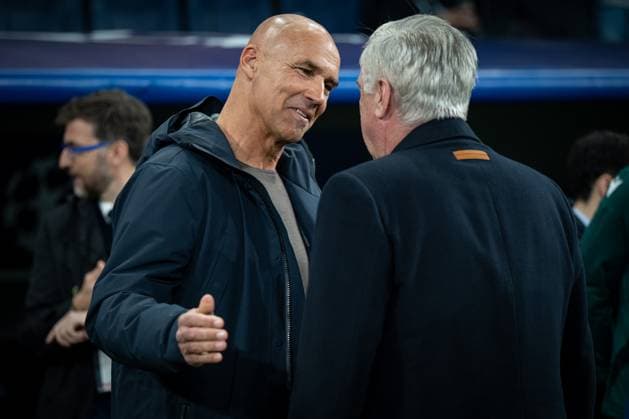 SOCCER - UEFA CL, Madrid vs RBS MADRID,SPAIN,22.JAN.25 - SOCCER - UEFA Champions League, Real Madrid CF vs Red Bull Salzburg. Image shows head coach Thomas Letsch (RBS) and head coach Carlo Ancelotti (Madrid).  GEPAxpictures xFelipexMondino