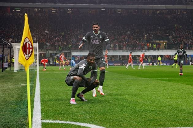 Rafael Leao, Alvaro Morata seen celebrating after scoring goal during UEFA Champions League game between teams of AC Milan and Girona FC (Maciej Rogowski) Milan San Siro Italy Copyright: xMaciejxRogowskix acmgir2425
