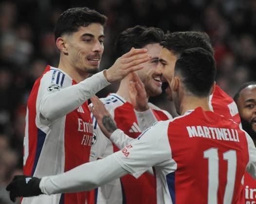 Football - 2024 2025 UEFA Champions League - League Stage - Matchday 7 of 8 - Arsenal vs Dynamo Zagreb - Emirates Stadium - Wednesday 22nd January 2025 Declan Rice of Arsenal celebrates scoring his early goal with Kai Havertz COLORSPORT Andrew Cowie 