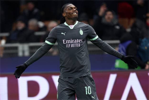 Rafael Leao (Ac Milan) celebrates after scoring his team s first goal, UEFA Champions League 2024 25 League Phase MD7, AC Mailand v FC Girona, Stadio Giuseppe Meazza (San Siro), January 22, 2025, Milan, Italy.