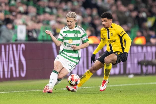 GLASGOW, SCOTLAND - JANUARY 22: Daizen Maeda of Celtic L) in action against Zachary Athekame of Young Boys during the UEFA Champions League 2024 25 League Phase MD7 match between Celtic FC and BSC Young Boys at Celtic Park on January 22, 2025 in Glasgow, Scotland. Glasgow Celtic Park Scotland United Kingdom Copyright: xJustPictures.ch RichardxCallisx jp-en-EuSpIm-RMC_1501-20250122