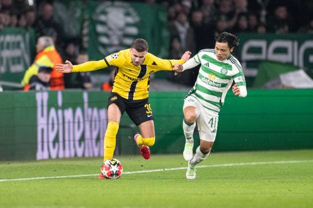 GLASGOW, SCOTLAND - JANUARY 22: Darian Males of Young Boys L) against Reo Hatate of Celtic R) during the UEFA Champions League 2024 25 League Phase MD7 match between Celtic FC and BSC Young Boys at Celtic Park on January 22, 2025 in Glasgow, Scotland. Glasgow Celtic Park Scotland United Kingdom Copyright: xJustPictures.ch RichardxCallisx jp-en-EuSpIm-RMC_1620-20250122
