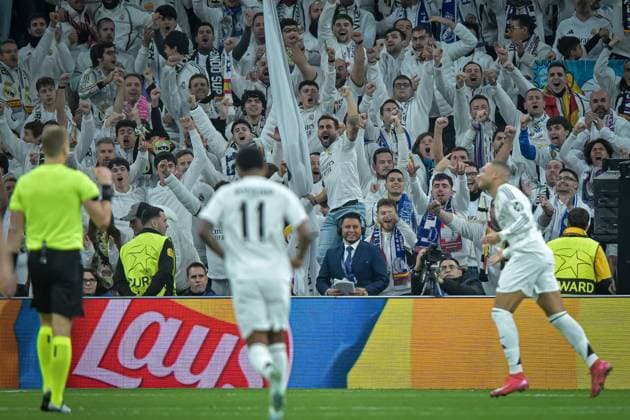 SOCCER - UEFA CL, Madrid vs RBS MADRID,SPAIN,22.JAN.25 - SOCCER - UEFA Champions League, Real Madrid CF vs Red Bull Salzburg. Image shows the rejoicing of Kylian Mbappe (Madrid).  GEPAxpictures xFelipexMondino
