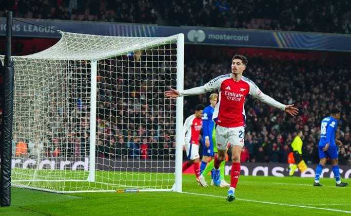 Kai Havertz of Arsenal celebrates scoring a goal after making it 2-0 Arsenal v Dinamo Zagreb, UEFA Champions League, Group Stage, Football, Emirates Stadium, London, UK - 22 Jan 2025 EDITORIAL USE ONLY No use with unauthorised audio, video, data, fixture lists, club league logos or live services. Online in-match use limited to 120 images, no video emulation. No use in betting, games or single club league player publications. Copyright: xJavierxGarcia Shutterstockx 15108893q