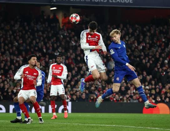 London, England, 22nd January 2025. Arsenal s Kai Havertz scoring and celebrating his sides second goal during the UEFA Champions League match at the Emirates Stadium, London. Picture credit should read: David Klein Sportimage EDITORIAL USE ONLY. No use with unauthorised audio, video, data, fixture lists, club league logos or live services. Online in-match use limited to 120 images, no video emulation. No use in betting, games or single club league player publications. SPI_028_DK_Arsneal_Zagreb SPI-3614-0027