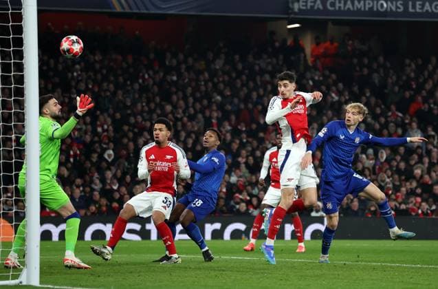 London, England, 22nd January 2025. Arsenal s Kai Havertz scoring and celebrating his sides second goal during the UEFA Champions League match at the Emirates Stadium, London. Picture credit should read: David Klein Sportimage EDITORIAL USE ONLY. No use with unauthorised audio, video, data, fixture lists, club league logos or live services. Online in-match use limited to 120 images, no video emulation. No use in betting, games or single club league player publications. SPI_032_DK_Arsneal_Zagreb SPI-3614-0031