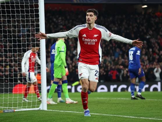 London, England, 22nd January 2025. Arsenal s Kai Havertz scoring and celebrating his sides second goal during the UEFA Champions League match at the Emirates Stadium, London. Picture credit should read: David Klein Sportimage EDITORIAL USE ONLY. No use with unauthorised audio, video, data, fixture lists, club league logos or live services. Online in-match use limited to 120 images, no video emulation. No use in betting, games or single club league player publications. SPI_034_DK_Arsneal_Zagreb SPI-3614-0033