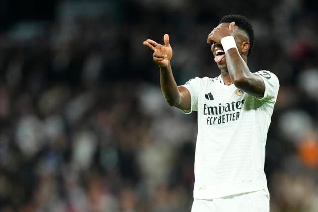 Bilder des Jahres 2025, Sport 01 Januar Sport Themen der Woche KW04 Sport Bilder des Tages Real Madrid C.F. v FC Salzburg - UEFA Champions League 2024 25 League Phase MD7 Vinicius Junior left winger of Real Madrid and Brazil celebrates after scoring his sides second goal during the UEFA Champions League 2024 25 League Phase MD7 match between Real Madrid C.F. and FC Salzburg at Estadio Santiago Bernabeu on January 22, 2025 in Madrid, Spain. Madrid Spain  Copyright: xJosexBretonx originalFilename:bretonhernandez-realmadr250122_npbRE.jpg