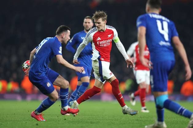 Arsenal v Dinamo Zagreb 22 January 2025, London - Champions League Football - Arsenal v GNK Dinamo Zagreb - Martin Odegaard of Arsenal - Photo: Charlotte Wilson Offside. London UK Copyright: xCharlottexWilsonx xOffsidexOffside