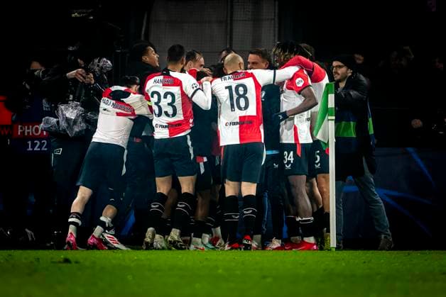 Players of SC Feyenoord Rotterdam celebrating the goal during the match Feyenoord - Bayern Munchen at the Stadium De Kuip for the UEFA Champions League - League Phase - Matchday 7 season 2024-2025 in ROTTERDAM, Netherlands on 22 january 2025, (photo by Marcel van Dorst EYE4images DeFodi Images) Defodi-746_209939