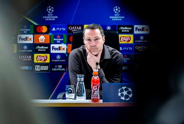 Feyenoord Rotterdam trainer Brian Priske during te press conference, PK, Pressekonferenz after the match Feyenoord - Bayern Munchen at the Stadium De Kuip for the UEFA Champions League - League Phase - Matchday 7 season 2024-2025 in ROTTERDAM, Netherlands on 22 january 2025, (photo by Marcel van Dorst EYE4images DeFodi Images) Defodi-746_209971