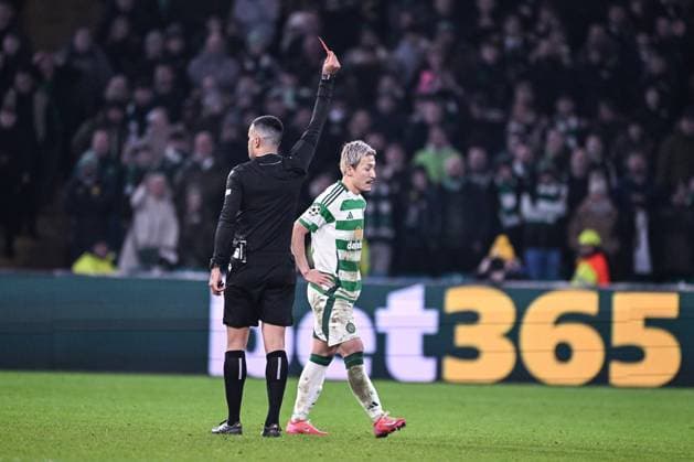 GLASGOW, SCOTLAND - JANUARY 22: referee Rohit Saggi shows a red card for Daizen Maeda of Celtic during the UEFA Champions League 2024 25 League Phase MD7 match between Celtic FC and BSC Young Boys at Celtic Park on January 22, 2025 in Glasgow, Scotland. Glasgow Celtic Park Scotland United Kingdom Copyright: xJustPictures.ch RichardxCallisx jp-en-EuSpIm-RMC_3602-20250122