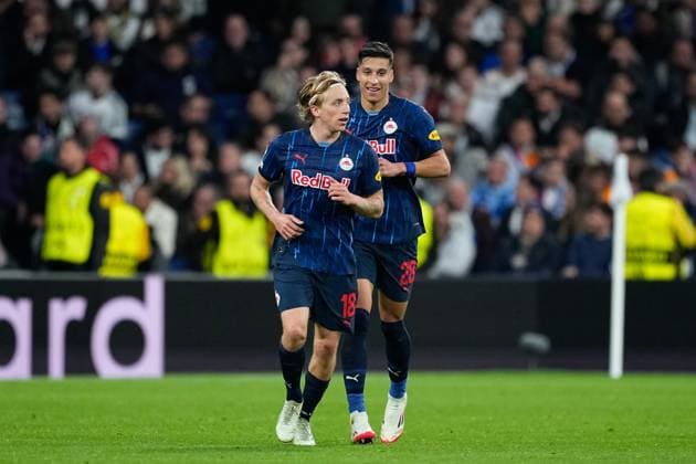 January 22, 2025, Madrid, Madrid, SPAIN: Mads Bidstrup of RB Salzburg celebrates a goal during the UEFA Champions League 2024 25 League Phase MD7 match between Real Madrid and RB Salzburg at Santiago Bernabeu stadium on January 22, 2025, in Madrid, Spain. Madrid SPAIN - ZUMAa181 20250122_zaa_a181_253 Copyright: xOscarxJ.xBarrosox