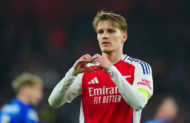 Martin Odegaard of Arsenal celebrates scoring a goal after making it 3-0 Arsenal v Dinamo Zagreb, UEFA Champions League, Group Stage, Football, Emirates Stadium, London, UK - 22 Jan 2025 EDITORIAL USE ONLY No use with unauthorised audio, video, data, fixture lists, club league logos or live services. Online in-match use limited to 120 images, no video emulation. No use in betting, games or single club league player publications.  Copyright: xJavierxGarcia Shutterstockx 15108893at