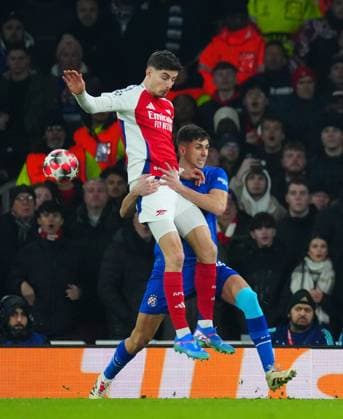 Raul Torrente of Dinamo Zagreb grapples with Kai Havertz of Arsenal Arsenal v Dinamo Zagreb, UEFA Champions League, Group Stage, Football, Emirates Stadium, London, UK - 22 Jan 2025 EDITORIAL USE ONLY No use with unauthorised audio, video, data, fixture lists, club league logos or live services. Online in-match use limited to 120 images, no video emulation. No use in betting, games or single club league player publications.  Copyright: xJavierxGarcia Shutterstockx 15108893ev