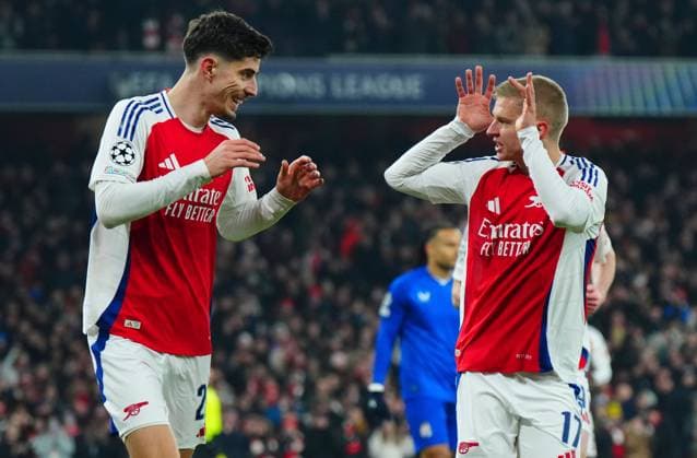 Kai Havertz of Arsenal celebrates scoring a goal after making it 2-0 with Oleksandr Zinchenko Arsenal v Dinamo Zagreb, UEFA Champions League, Group Stage, Football, Emirates Stadium, London, UK - 22 Jan 2025 EDITORIAL USE ONLY No use with unauthorised audio, video, data, fixture lists, club league logos or live services. Online in-match use limited to 120 images, no video emulation. No use in betting, games or single club league player publications.  Copyright: xJavierxGarcia Shutterstockx 15108893es