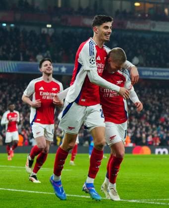 Kai Havertz of Arsenal celebrates scoring a goal after making it 2-0 Arsenal v Dinamo Zagreb, UEFA Champions League, Group Stage, Football, Emirates Stadium, London, UK - 22 Jan 2025 EDITORIAL USE ONLY No use with unauthorised audio, video, data, fixture lists, club league logos or live services. Online in-match use limited to 120 images, no video emulation. No use in betting, games or single club league player publications.  Copyright: xJavierxGarcia Shutterstockx 15108893eo