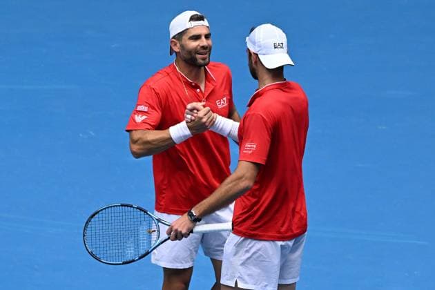 TENNIS AUSTRALIAN OPEN, Andrea Vavassori (right) and Simone Bolelli of Italy celebrate winning thier men?s doubles semi-final match against Andre Goransson of Sweden and Sem Verbeek of the Netherlands, during the 2025 Australian Open at Melbourne Park in Melbourne, Thursday, January 23, 2025. ( NO ARCHIVING, EDITORIAL USE ONLY, NO USE IN BOOKS WITHOUT CONSENT MELBOURNE VICTORIA AUSTRALIA  Copyright: xJAMESxROSSx 20250123153293397462