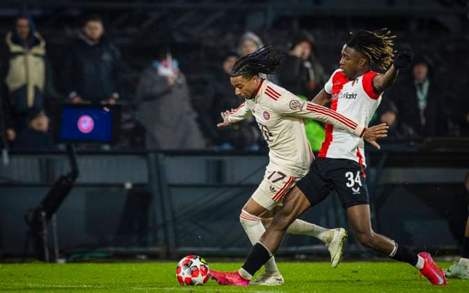 Rotterdam, Netherlands. 22nd Jan 2025. Michael Olise (FCB) Chris-Kevin Nadje (Rotterdam) Feyenoord Rotterdam - FC Bayern Munich Feyenoord Rotterdam - FC Bayern München UEFA Champions League 22.01.2025
