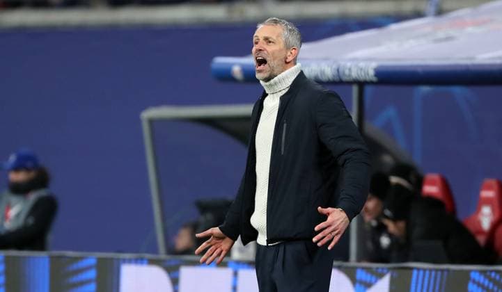Trainer Marco Rose ruft, gestikuliert Aktion Oberkörper Fußball Fussball UEFA Champions League UCL Herren 7. Spieltag Saison 2024 2025 22.01.2025 Rasen Ballsport RB Leipzig RBL vs Sporting Lissabon DFL regulations prohibit any use of photographs as image sequences and or quasi-video.