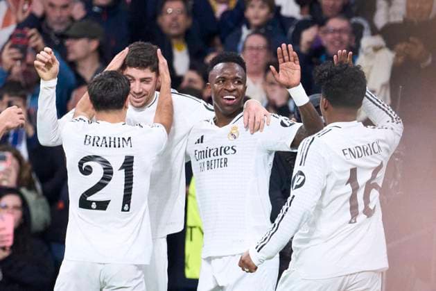 Real Madrid C.F. v FC Salzburg - Madrid Vinicius Junior (forward; Real Madrid), Federico Valverde (midfielder; Real Madrid), Brahim Diaz (midfielder; Real Madrid) during the UEFA Champions League 2024 25 League Phase MD7 match between Real Madrid CF and FC Salzburg at Santiago Bernabeu Stadium on January 23, 2025 in Madrid, Spain Photo by ABACAPRESS.COM Madrid Madrid Spain  Copyright: xABACAx