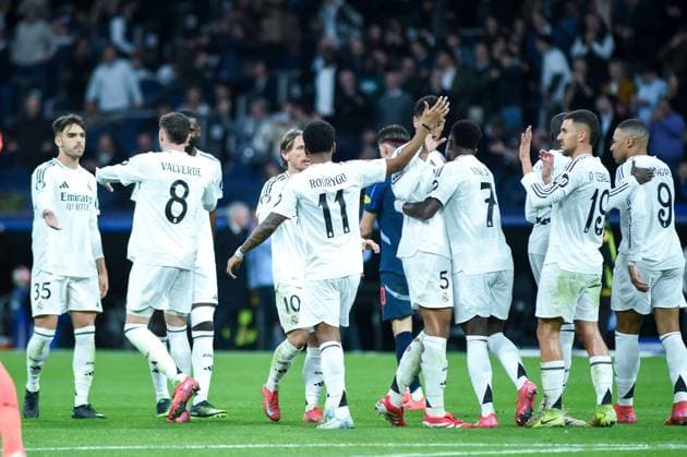 (250123) -- MADRID, Jan. 23, 2025 -- Players of Real Madrid celebrate a goal during the Champions League football match between Real Madrid and Salzburg in Madrid, Spain, Jan. 22, 2025. (Photo by Xinhua) (SP)SPAIN-MADRID-FOOTBALL-CHAMPIONS LEAGUE-REAL MADRID VS SALZBURG GustavoxValiente 
