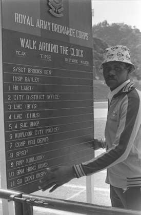 Hot footing...Walker John Brooks taking part in a charity fund-raising campaign entitled Walk Around the Clock, a walk around the Hong Kong Stadium for 422 times. The 24-hour walk hoped to raise $30,000 for the Community Chest. 01APR78 Hong Kong Hong Kong EDITORIAL USE ONLY  Copyright: xx MER2016080316344811 SunnyxLeex 0795783855st