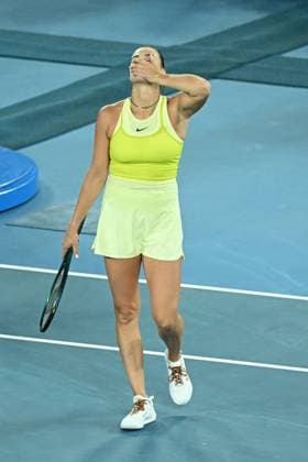TENNIS AUSTRALIAN OPEN, Aryna Sabalenka of Belarus celebrates match point during her Women?s semifinal win over Paula Badosa of Spain during the 2025 Australian Open at Melbourne Park in Melbourne, Thursday, January 23, 2025. ( NO ARCHIVING, EDITORIAL USE ONLY, NO USE IN BOOKS WITHOUT CONSENT MELBOURNE VICTORIA AUSTRALIA  Copyright: xJAMESxROSSx 20250123171022664932