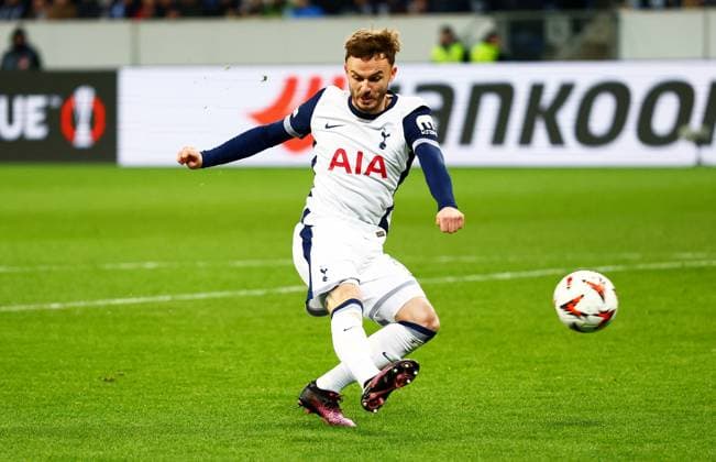 James Maddison of Tottenham Hotspur scores a goal to make the score 0-1. Hoffenheim v Tottenham Hotspur, UEFA Europa League, Group Stage, Football, PreZero Arena, Sinsheim, Germany - 23 Jan 2024 EDITORIAL USE ONLY No use with unauthorised audio, video, data, fixture lists, club league logos or live services. Online in-match use limited to 120 images, no video emulation. No use in betting, games or single club league player publications. Copyright: xJamesxMarsh Shutterstockx 15108921ar