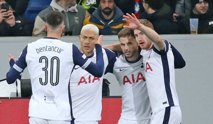 23.01.2025, xmohx, Fussball UEFA Europa League, TSG 1899 Hoffenheim - Tottenham Hotspur emspor, v.l. James Maddison (Tottenham) bejubelt das 0-1 (DFL DFB REGULATIONS PROHIBIT ANY USE OF PHOTOGRAPHS as IMAGE SEQUENCES and or QUASI-VIDEO) Sinsheim