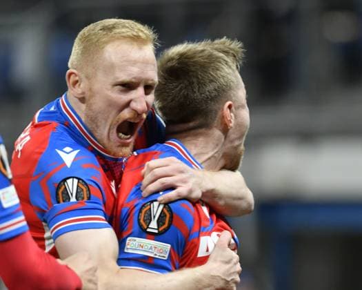 L-R Vaclav Jemelka and Lukas Cerv of Pilsen celebrate the first goal in the football Europa League 7th round match FC Viktoria Plzen vs RSC Anderlecht Brussels in Pilsen, Czech Republic, January 23, 2025. (CTKxPhoto MiroslavxChaloupka) CTKPhotoP2025012307594  CTKPhotoP2025012307594