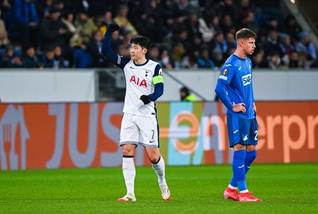 Heung-Min Son (Tottenham Hotspur) celebrates his first goal during the UEFA Europa League 2024 25 League Phase MD7 match between TSG 1899 Hoffenheim v Tottenham Hotspur at PreZero Arena on January 23, 2025 in Hoffenheim, Germany. (Photo by Silas Schueller DeFodi Images) Defodi-738_738_HOFTOT_20250123_140