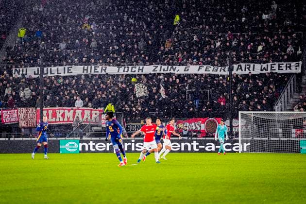 2025-01-23 AZ v AS Roma - UEFA Europa League 2024 25 League Phase MD7 ALKMAAR, NETHERLANDS - JANUARY 23: Fans and Supporters of AZ with a banner during the UEFA Europa League 2024 25 League Phase MD7 match between AZ and AS Roma at AFAS Stadion on January 23, 2025 in Alkmaar, Netherlands. Alkmaar AFAS Stadion Netherlands Content not available for redistribution in The Netherlands directly or indirectly through any third parties. Copyright: xEdxvanxdexPolx