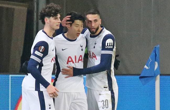 23.01.2025, xmohx, Fussball UEFA Europa League, TSG 1899 Hoffenheim - Tottenham Hotspur emspor, v.l. Tottenham bejubelt das 0-2 durch Heung-Min Son (DFL DFB REGULATIONS PROHIBIT ANY USE OF PHOTOGRAPHS as IMAGE SEQUENCES and or QUASI-VIDEO) Sinsheim