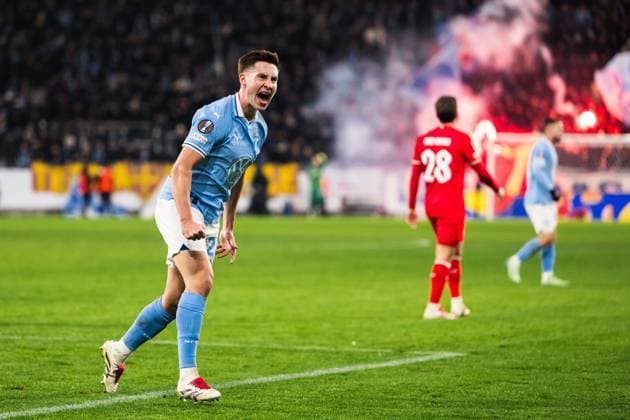 MALMO , 23-01-2025 , Malmo New stadium , season 2024 2025 , UEFA Europa league, Football. during the match Malmo - FC Twente, Lasse Berg Johnsen of Malmo FF celebrates after scoring 1-1 Malmo - Twente  x27526713x Copyright: