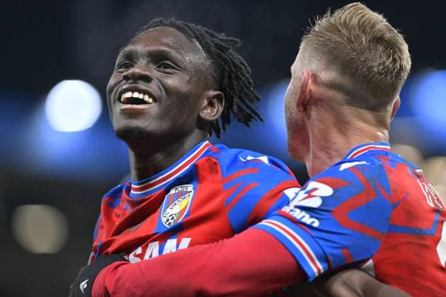 L-R Prince Kwabena Adu of Pilsen celebrates a goal during the football Europa League 7th round match FC Viktoria Plzen vs RSC Anderlecht Brussels in Pilsen, Czech Republic, January 23, 2025. (CTKxPhoto MiroslavxChaloupka) CTKPhotoP2025012307990  CTKPhotoP2025012307990