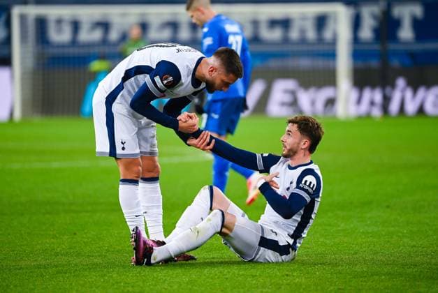 Rodrigo Bentancur (Tottenham Hotspur) speaks to James Maddison (Tottenham Hotspur) during the UEFA Europa League 2024 25 League Phase MD7 match between TSG 1899 Hoffenheim v Tottenham Hotspur at PreZero Arena on January 23, 2025 in Hoffenheim, Germany. (Photo by Silas Schueller DeFodi Images) Defodi-738_738_HOFTOT_20250123_137