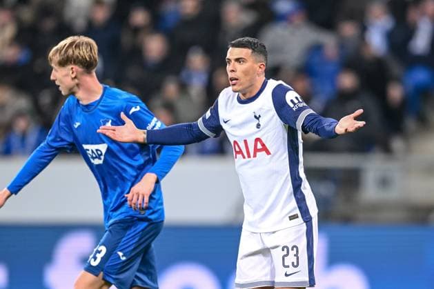 Pedro Porro (Tottenham Hotspur) gestures during the UEFA Europa League 2024 25 League Phase MD7 match between TSG 1899 Hoffenheim v Tottenham Hotspur at PreZero Arena on January 23, 2025 in Hoffenheim, Germany. (Photo by Harry Langer DeFodi Images) Defodi-541_TSGTOT20250123_42