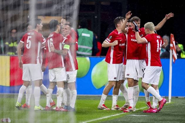 ALKMAAR - 23-01-2025, AFAS Stadium. UEFA Europa League, season 2024 2025, AZ players celebrating 1-0 during the match AZ - AS Roma. AZ - AS Roma  x27527371x Copyright: