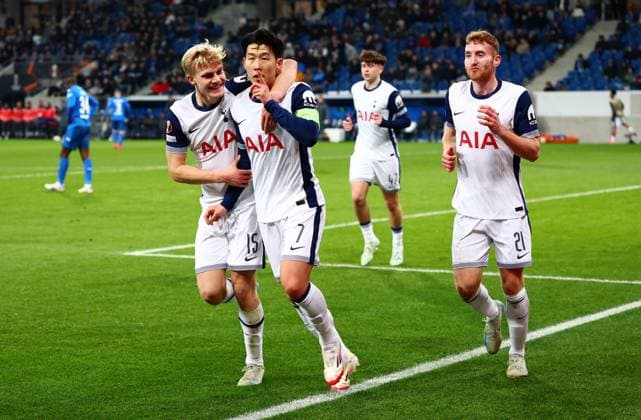 Son Heung-Min of Tottenham Hotspur celebrates scoring a goal after making the score 1-3. Hoffenheim v Tottenham Hotspur, UEFA Europa League, Group Stage, Football, PreZero Arena, Sinsheim, Germany - 23 Jan 2024 EDITORIAL USE ONLY No use with unauthorised audio, video, data, fixture lists, club league logos or live services. Online in-match use limited to 120 images, no video emulation. No use in betting, games or single club league player publications. Copyright: xJamesxMarsh Shutterstockx 15108921cc