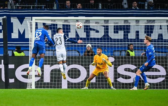 David Mokwa (TSG 1899 Hoffenheim) scores his team s second goal during the UEFA Europa League 2024 25 League Phase MD7 match between TSG 1899 Hoffenheim v Tottenham Hotspur at PreZero Arena on January 23, 2025 in Hoffenheim, Germany. (Photo by Silas Schueller DeFodi Images) Defodi-738_738_HOFTOT_20250123_197