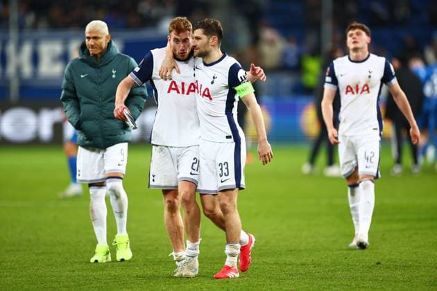 Dejan Kulusevski of Tottenham Hotspur and Ben Davies of Tottenham Hotspur at full time. Hoffenheim v Tottenham Hotspur, UEFA Europa League, Group Stage, Football, PreZero Arena, Sinsheim, Germany - 23 Jan 2024 EDITORIAL USE ONLY No use with unauthorised audio, video, data, fixture lists, club league logos or live services. Online in-match use limited to 120 images, no video emulation. No use in betting, games or single club league player publications. Copyright: xJamesxMarsh Shutterstockx 15108921cp