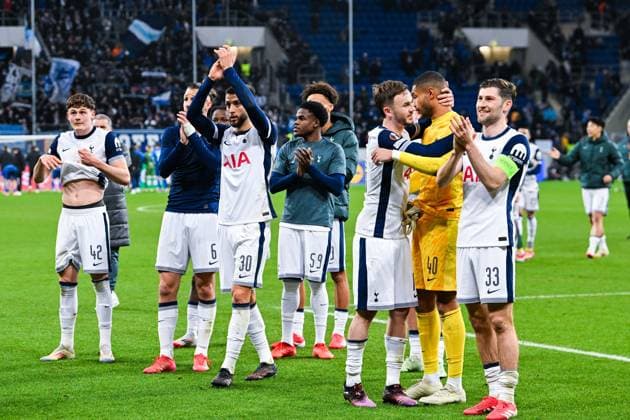 Ben Davies (Tottenham Hotspur), Brandon Austin (Tottenham Hotspur), James Maddison (Tottenham Hotspur), Rodrigo Bentancur (Tottenham Hotspur), Dante Cassanova (Tottenham Hotspur und William Lankshear (Tottenham Hotspur) celebrate the win after the UEFA Europa League 2024 25 League Phase MD7 match between TSG 1899 Hoffenheim v Tottenham Hotspur at PreZero Arena on January 23, 2025 in Hoffenheim, Germany. (Photo by Silas Schueller DeFodi Images) Defodi-738_738_HOFTOT_20250123_208