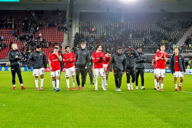 ALKMAAR - 23-01-2025, AFAS Stadium. UEFA Europa League, season 2024 2025 during the match AZ - AS Roma. players of AZ celebrates after winning the match 1-0 AZ - AS Roma  x27527623x Copyright: