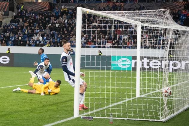 23.01.2025, xhfmx, Fussball UEFA Europa League, TSG 1899 Hoffenheim - Tottenham Hotspur emspor, David Mokwa (TSG 1899 Hoffenheim) erzielt per Kopf das 2.3. (DFL DFB REGULATIONS PROHIBIT ANY USE OF PHOTOGRAPHS as IMAGE SEQUENCES and or QUASI-VIDEO) Sinsheim