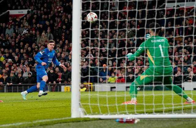 Manchester, England, 23rd January 2025. RÄ±dvan YÄ±lmaz of Rangers has his shot saved during the UEFA Europa League match at Old Trafford, Manchester. Picture credit should read: Andrew Yates Sportimage EDITORIAL USE ONLY. No use with unauthorised audio, video, data, fixture lists, club league logos or live services. Online in-match use limited to 120 images, no video emulation. No use in betting, games or single club league player publications. SPI_009_AY_MAN_UTD_RANGERS SPI-3616-0009
