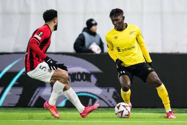 250123 Mohamed Abdelmonem of Nice and Jalal Abdullai of Elfsborg during the Europa League football match between Elfsborg and Nice on January 23, 2025 in Boras. Photo: Jörgen Jarnberger BILDBYRAN COP 112 JJ0433 fotboll football soccer fotball uefa europa league europa league elfsborg nice bbeng Copyright: JÖRGENxJARNBERGER BB250123JJ010