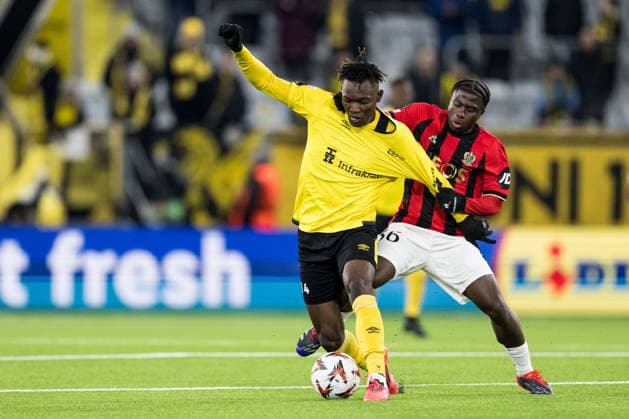 250123 Jalal Abdullai of Elfsborg and Issiaga Camara of Nice during the Europa League football match between Elfsborg and Nice on January 23, 2025 in Boras. Photo: Jörgen Jarnberger BILDBYRAN COP 112 JJ0433 fotboll football soccer fotball uefa europa league europa league elfsborg nice bbeng Copyright: JÖRGENxJARNBERGER BB250123JJ011